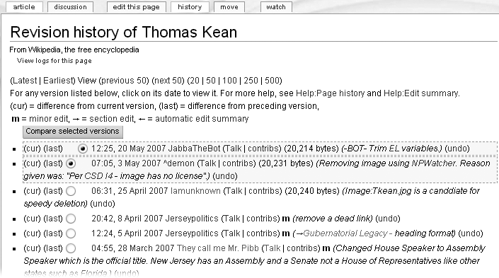 Here’s a typical page history. Only six versions (edits) are shown, but a history page normally lists the first 50. Edits older than the most recent 50 are listed onto separate pages. You can specify the number of edits listed on the first page—and any subsequent pages you look at, with older edits, by clicking the 20,50, 100, 250, or 500 links near the top.