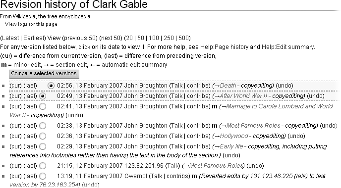 This page history excerpt shows only eight versions. Right away, you can see that one editor has been busily working away.