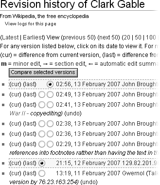 To see what editor John Broughton actually changed in his six edits, you can use the two rows of radio buttons to select a set of consecutive edits, as shown here. It’s the slower way to view multiple edits, but you can use it anytime. If the edits you want to view happen to include the most recent version, a single click on the “cur” link (curr), in page historiesnext (last), in page historiesto the earliest edit you wanted to include would do the trick instead. Since you often focus on the most recent edits, that shortcut can be useful.