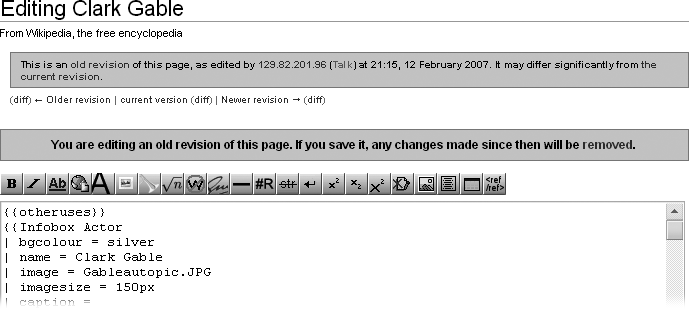 You see this warning when you’re editing a version of a page other than the current one. Wikipedia wants to make sure you’re fully aware that if you save this page after editing, you’ll be wiping out all the edits that were made after this version was originally created, unless you manually make changes to this version that incorporate some of those edits. In this case, the last edit(s) were vandalism, not something to worry about losing.