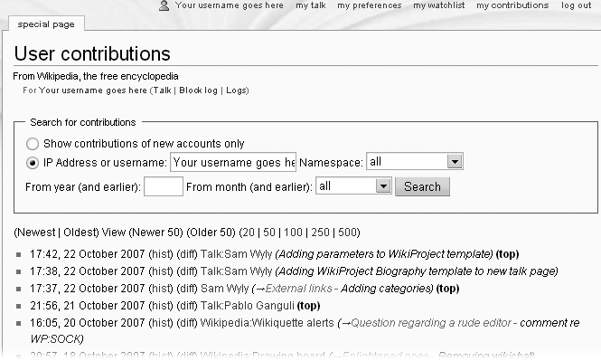 On the User contributions page, if you’ve done the most recent edit of an article, you’ll see “top”, in bold, at the end of its row. Here you see five edits for five different pages. Only the last page has been edited subsequently by another editor, as indicated by the lack of the word “top” at the end of that row.