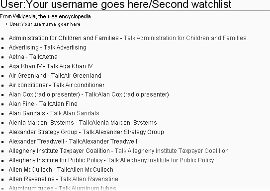 Here’s a subpage set up as a second watchlist. If you want paired talk pages, you need to be add them manually, because they’re included automatically on watchlist reports that use watchlists you create yourself. See the box on for a quick way to add the talk pages.