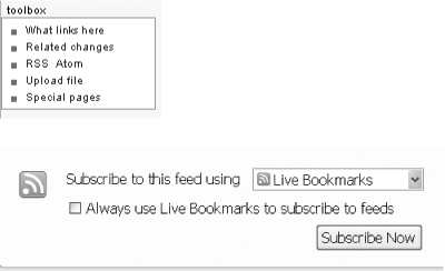 Top: To request an RSS or Atom feed for a specific article or other page, click the “history” tab for that page, and then look at the toolbox on the left side of the screen for a link to click : Bottom: Once you click either “RSS” or “Atom”, what you see depends entirely on your browser. Shown here is the top of the page of what Firefox 2.0 (on Windows XP) displays.