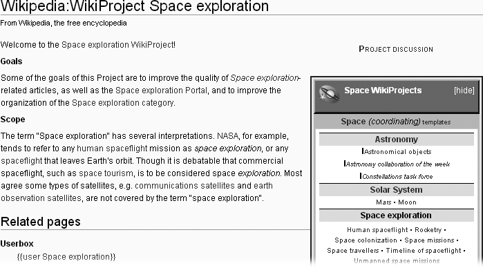 WikiProject Space exploration is one of three WikiProjects concerned with the larger topic of Space. To coordinate efforts with two other related WikiProjects, the three have created a common template that summarizes the scope of each.