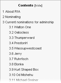 On December 10, 2007,Wikipedia:Requests for adminship (shortcut: WP:RFA) listed 19 open candidacies for adminship. Editors are expected to read the answers given by candidates to questions posed to them, and the opinions of others editors about the candidates, and research the information provided to ascertain whether the candidate seems trustworthy and capable of handling administrator responsibilities.