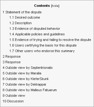 A Request for Comment on user conduct is a cross between a legal case and a public hearing, with evidence, responses, and statements of view from uninvolved editors. Here’s the table of contents of an RfC that’s been open for about 6 weeks.