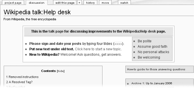 The top of the Help desk’s talk page has instructions to help you get started using the page. The links at right (“Be polite”, “Assume good faith”, and so on) link to guideline pages. These norms of conduct () apply throughout Wikipedia, as well as to editors working the Help desk and posting on the talk page.
