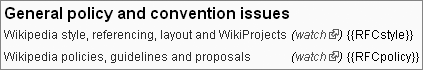 Requests for Comments for policy and conventions are also split out, but into fewer groups than for articles, probably because Wikipedia has considerably fewer RFCs of this type.