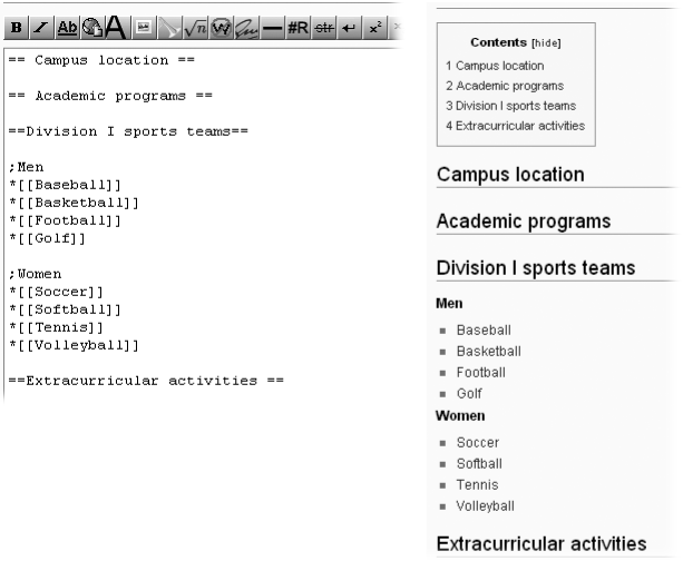 When a line starts with a semicolon (left), the line is bolded and looks like a subsection heading, but it doesn’t show up in the table of contents. This technique is particularly handy for lists, to separate items in the body but mention only the full list in the TOC (right).