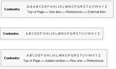 At the top of this figure is the standard version of the A-to-Z TOC ({{AlphanumericTOC}}). You can tailor most compact tables of contents, including this one, to add or subtract sections. In the middle is a variant with only the 26 letters displayed; and at the bottom is another variant, with editor-specified additional sections.