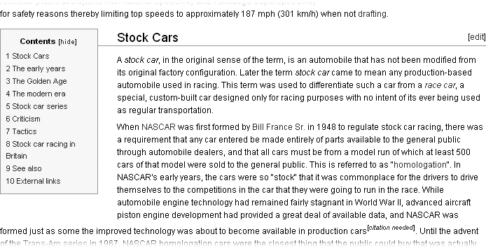 Here’s how the table of contents for the article Stock car racing looks with a {{TOCleft}} template inserted. Note how the text wraps neatly around the TOC, unlike the previous figure.