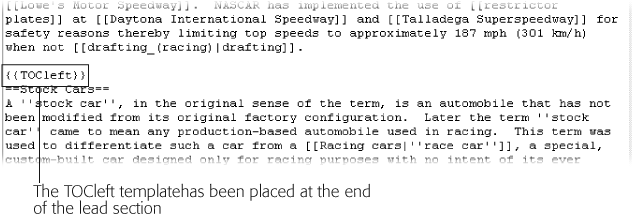 Inserting {{TOCleft}} in the wikitext of the Stock car racing article wraps text around the right of the TOC as shown in .