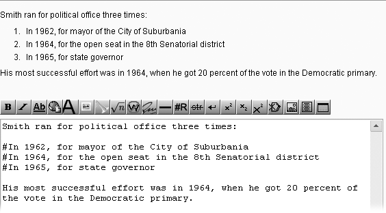 Putting pound (#) signs at the beginning of a line of text will number that line. Numbering is rare in articles, but it’s handy (and common) on discussion pages. Typos can wreak havoc in wikitext numbered lists. For example, if you put a blank line between items, the numbering starts over.