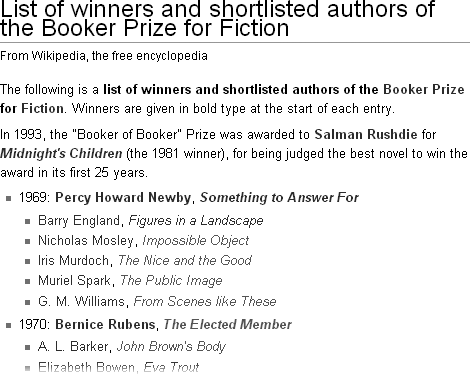 Here’s the beginning of the article List of winners and shortlisted authors of the Booker Prize for Fiction. It’s an example of indented bulleted paragraphs within articles.