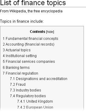 The article List of finance topics is arranged hierarchically. This scheme is a bit more challenging for editors, but it helps readers comprehend what otherwise might be a long alphabetized list. It also helps readers find related articles that wouldn’t be obvious in an alphabetical list.