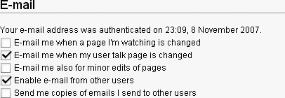 The standard email settings in the “User profile” tab of your user account’s preferences let the Commons notify you by email when something changes. The English Wikipedia, by contrast, doesn’t offer you the first three options, since the volume of outgoing email could overwhelm Wikipedia’s servers.