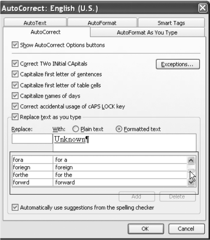 Microsoft Word can be a good source if you’re looking for a commonly misspelled word for which to create a redirect. You’ll find a list of word pairs in the AutoCorrect dialog box. In Word 2007 for Windows, choose Office button→Word options→Proofing. In earlier versions of Word, choose Tools→AutoCorrect.