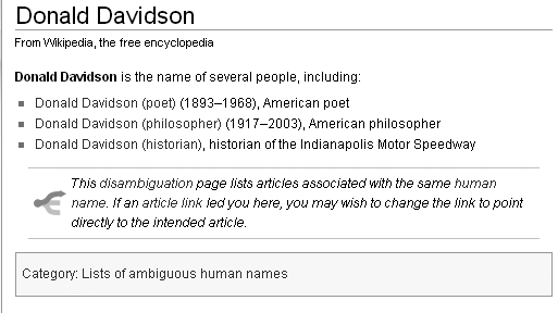 This disambiguation page doesn’t have the parenthetical (disambiguation) in the title. None of the three Donald Davidsons are famous enough to be the overwhelming choice of someone searching for that name, so readers are sent to the disambiguation page to sort out the matter. Since the disambiguation page now owns the name, the three articles on individuals need to be named something else, such as Donald Davidson (poet).