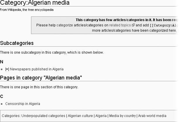 The category page Algerian media has five parent categories—one is a cleanup category; the other four are higher level topical categories. Put differently, Algerian media is a subcategory of five categories, four of them topical and one a cleanup category.