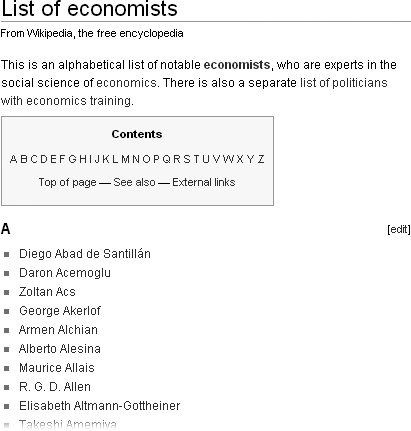 If this list of economists looks familiar, it’s because it’s also Figure 14-6 (page 259), and because earlier in this chapter, showing the category page Economists, has almost the same set of links in it. Lists and categories can overlap considerably, but each has strengths and weaknesses.