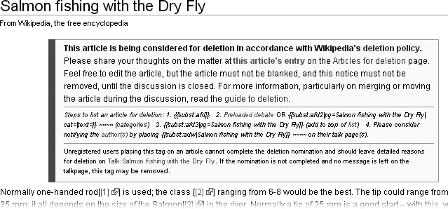 After you’ve put the {{subst:afd1}} template at the top of the article, you see a large message box. The link to the discussion page is red, because you have yet to create it. The notice contains a link for the next step, in small print: “Preloaded debate”.