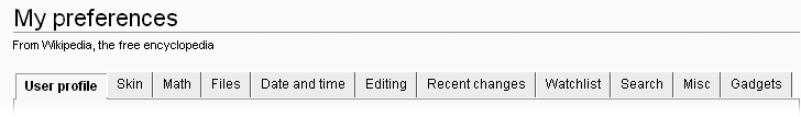 The preferences page has 11 tabs. When you click the My Preferences page at the upper right of any Wikipedia page, it opens to the first tab, “User profile”.