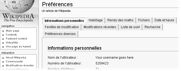 This page is the same as in Figure 21-1, but with the French language chosen. You’re still at the English Wikipedia, so the titles and content of regular pages are still in English, as are URLs. But all the top and side links are in your chosen language, as are all special pages, and the standard text at the bottom of all pages.