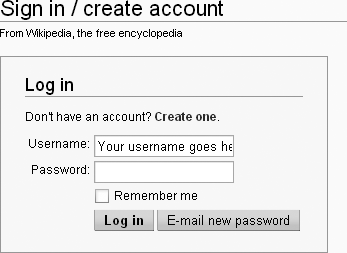 The “Log in” screen has an “E-mail new password” button. When you click this button, Wikipedia sends you an email with a new, temporary password. You can then change the temporary password to something more memorable.