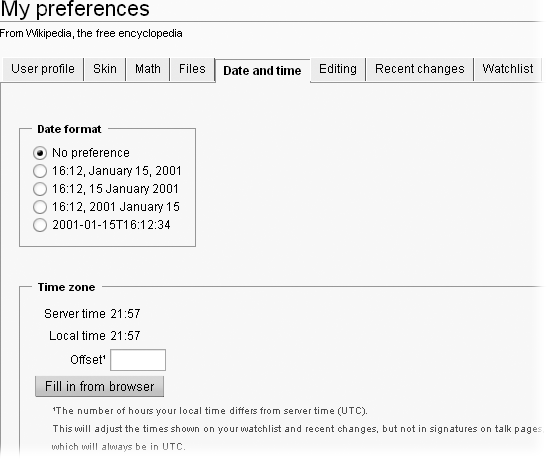 On the “Date and time” tab, you can change the time zone that Wikipedia uses when displaying the date and time of a particular edit to your local time, rather than Coordinated Universal Time (UTC).