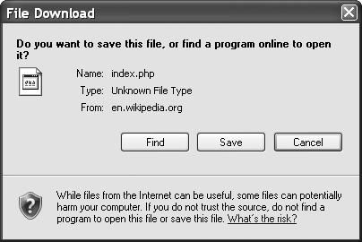 If you set up your preferences to use an external editor instead of Wikipedia’s edit box, then the first time you start to edit a file, Wikipedia sends the file to your browser. The browser opens a dialog box for you to specify actual editing program. The dialog box varies by browser—this picture shows Internet Explorer 7.