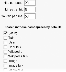 The Search tab lets you tailor the results from Wikipedia’s internal search engine. The fourth of these settings, not completely shown, is a listing of all namespaces that you want to include in all your searches.
