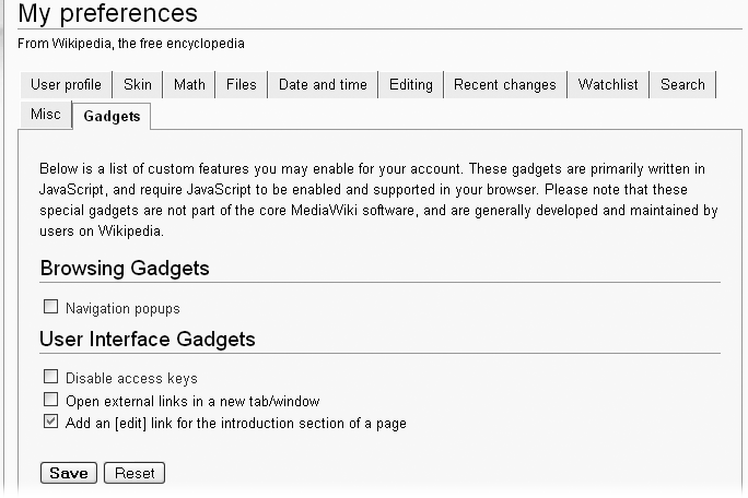 As of this writing, the Gadgets tab includes about twenty JavaScript and/or CSS code chunks (not all shown) that can be enabled simply by checking a box.