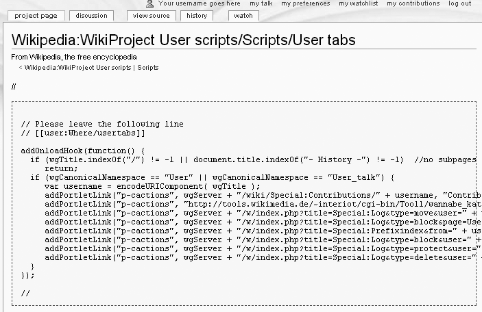 The script at the page Wikipedia:WikiProject User scripts/Scripts/User tabs has three full lines of comment (two at the top, one at the bottom); these have two slashes at the beginning. The actual code that will be executed is the middle fifteen lines. The blanks spaces at the beginning of any line are optional—they’re there to make the script easier for humans to read. Computers don’t care one way or another. (The blank spaces at the beginnings of lines are why the text goes off-screen on the right; that’s normal for Wikipedia wikitext.)