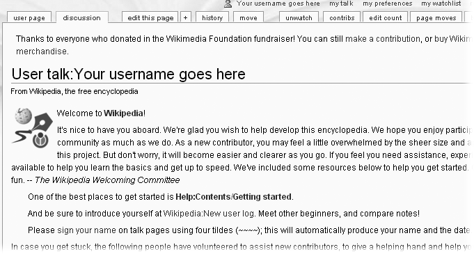 Now a number of additional tabs appear whenever you go to a user or user talk page. If you decide you don’t want one or more of these, all you need to do is comment out the corresponding line on your monobook.js page (put two slashes at the very beginning), and that tab won’t appear any more.