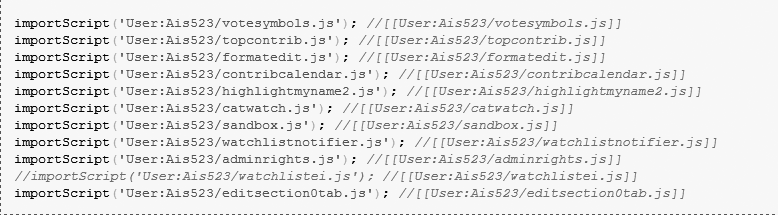 The page User:Ais523/monobook.js has a number of JavaScript functions (user scripts) added via the importScript command, rather than pasting all the JavaScript into the page. One advantage of importScript is that you get a neat list of all your user scripts, rather than a mass of code. Separating functions by putting them on separate pages also makes it easier to share scripts with other editors.