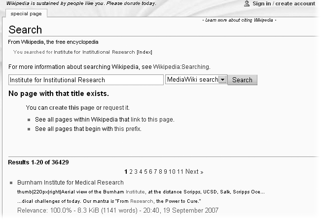 When Wikipedia can’t find an exact match to a Go request, it provides search results. (If you are a registered editor, and logged in, the search result page will look like Figure 13-2.)