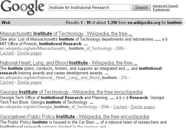 The same search for “Institute for Institutional Research” as in Figure C-1, but this time searching with Google. The search results are completely different.