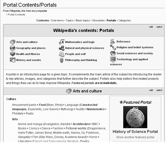 Portals are probably one of the least known ways to find articles on Wikipedia. If you’re particularly interested in a topic, one of the 500 or so existing portals can be a great page to bookmark.