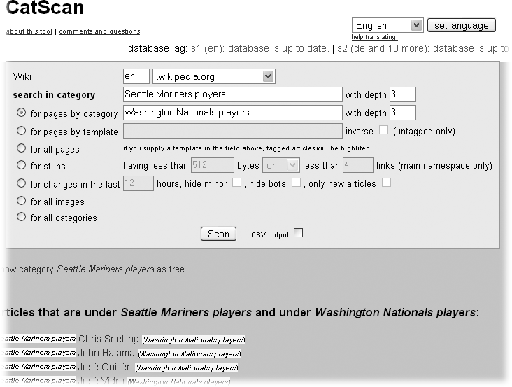 When you search for articles by category using CatScan, you can choose how many levels of sub- and sub-sub-categories you want to search. This search shows a depth of 3, but since there were no subcategories, the results are only for a depth of 1. But if you were using the category Architects, you'd see results in subcategories such as American Architects (level 2) and Architects from Cincinnati (level 3).