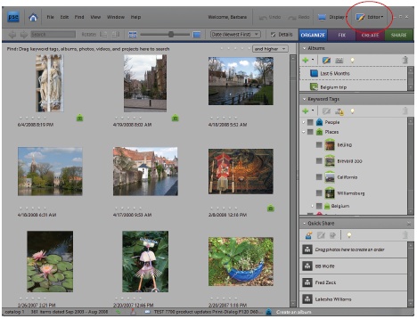 The Photo Browser is your main Organizer workspace. Click the Create tab, and you can choose to start all kinds of new projects with your photos, or the Share tab for ways to let other people view your images. Click the Editor button (circled) for a menu that gives you a choice of going to Quick Fix, Guided Edit, or Full Edit. The Fix tab gives you access to some quick fixes right in the Organizer. The Organizer also gives you another way to look at your photos, Date View, which is explained in .