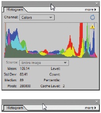 You can free up even more space by collapsing your palettes, accordion-style, once they’re out of the bin.Top: To collapse a palette, double-click the palette’s top bar.Bottom: A shrunken palette.