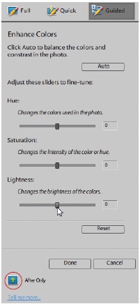 Guided Edit gives you step-by-step help with basic photo editing. Just use the tools that appear in the task panel once you choose an activity. After you’ve selected a task, you can change the view of your photo to “Before and After”. Keep clicking the little blue button (circled) at the bottom of the window to toggle views between “After Only”, “Before & After—Horizontal”, and “Before & After—Vertical”.