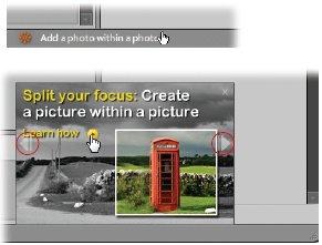 Top: Click these little text banners for more information about the topic.Bottom: In these pop-up windows you can either click “Learn how” to go directly to that particular tutorial, or click the faintly ghosted left and right arrows (circled; they get brighter when you mouse over them) in the window to read about other available tutorials.