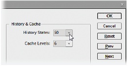 You can set the number of steps the Undo History palette remembers in Edit → Preferences → Performance → History & Cache. Elements initially sets it to 50, but you can set it as high as 1,000. Beware, though—remembering even 100 steps may slow your system to a crawl if you don’t have a superpowered processor, plenty of memory, and loads of disk space. If Elements runs slowly on your machine, then reducing the number of history states it remembers (try 20) may speed things up a bit.