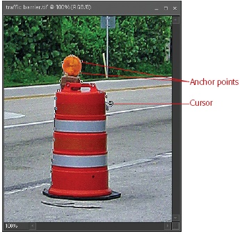 One nice thing about the Magnetic Lasso is that it’s easy to back up as you’re creating your selection. As you go, it lays down the tiny boxes, called anchor or fastening points, shown in this figure. If you make a mistake with the Magnetic Lasso, pressing Backspace takes you back one point each time you press the key. (If you want to completely get rid of a Magnetic Lasso selection you’ve begun but not completed, just press Escape.) If the Magnetic Lasso skips a spot or won’t grab onto a spot where you want it to, you can force it to put down an anchor point by clicking once where you want the anchor to appear.