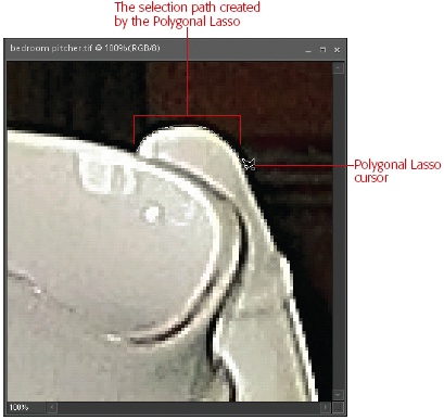 If you have limited dexterity, the Polygonal Lasso tool and a lot of clicks eventually get you a nice accurate selection. You need to zoom way, way in to use this tool to select an object that doesn’t have totally straight sides. Here, the Polygonal Lasso easily made it around the curve of the handle by clicking to make extremely short segments.