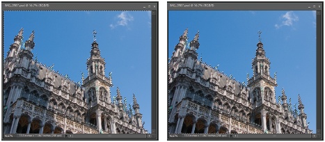 Left: Say you want to make some adjustments to just the building in this photo. You could spend half an hour meticulously selecting all that Gothic detail, or instead just select the sky with a couple of clicks of the Magic Wand and invert your selection to get the building. Here, the sky has the marching ants around it to show that it’s the active selection—but that’s not what you want.Right: Inverting the selection (Select → Inverse) gives you the ants around the buildings without the trouble of tracing over all the elaborate lacy details of the roofline.