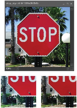 Top: In the original selection, everything in the Stop sign has been selected except the small white border on the outside of the sign.Bottom left: If you use Grow to enlarge the selection, you also get parts of the building that are similar in tone. As a result, your selection isn’t shaped like a Stop sign anymore.Bottom right: But if you use Expand instead, the selection still has the exact shape of the sign, only now the edges of the selection move outward to include the sign’s white border area.