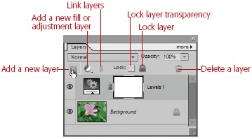 More controls on the Layers palette. On the left side of the Layers palette, click the little “Create a new layer” icon when you want to quickly add a new layer.