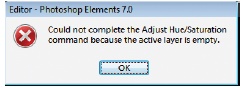 Elements is usually pretty helpful when you try to do something that just isn’t going to work, like applying a Hue/Saturation adjustment to an empty layer. The solution here is just to switch the Layers palette focus to a layer that has something in it.
